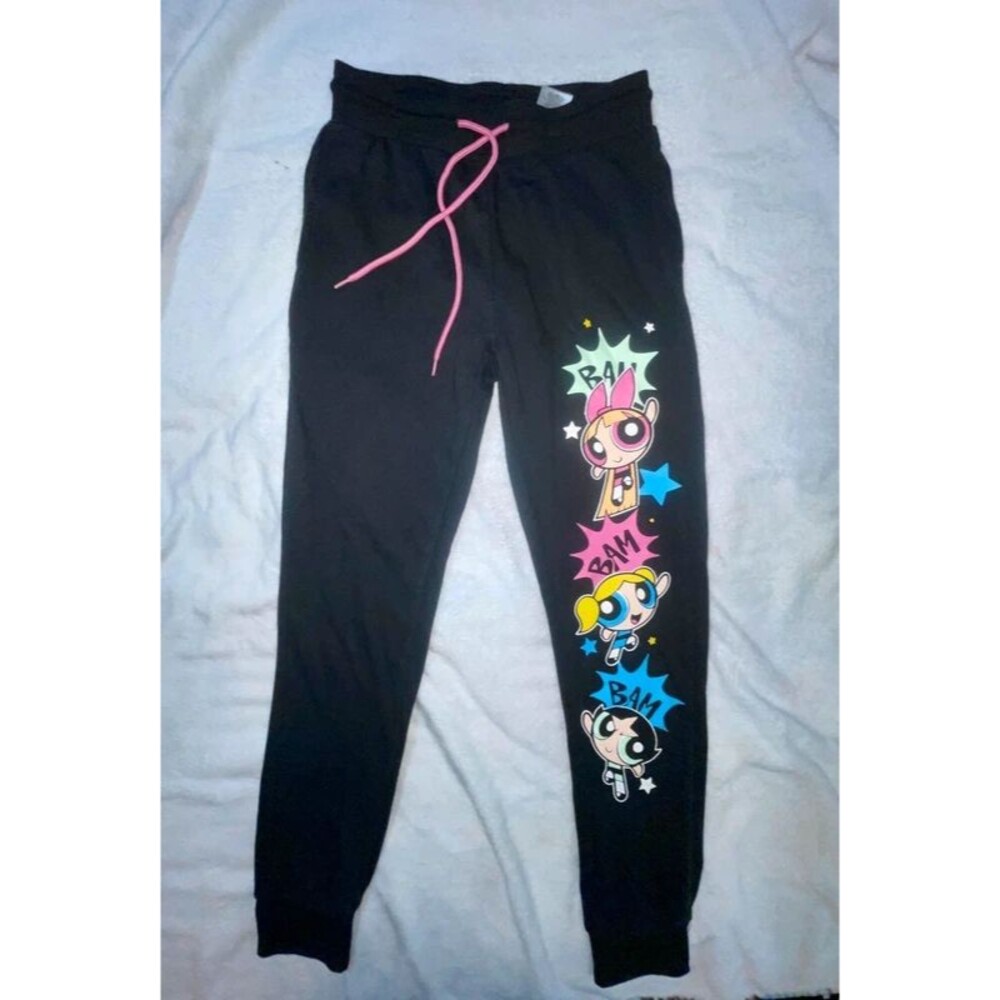 Vintage  Cartoon Network Powerpuff Girls Graphic Joggers Sweatpants Black XS Y2K